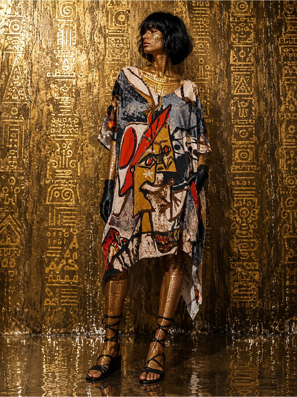 Abstract Print Asymmetrical Women’s Dress in Multi-Color
